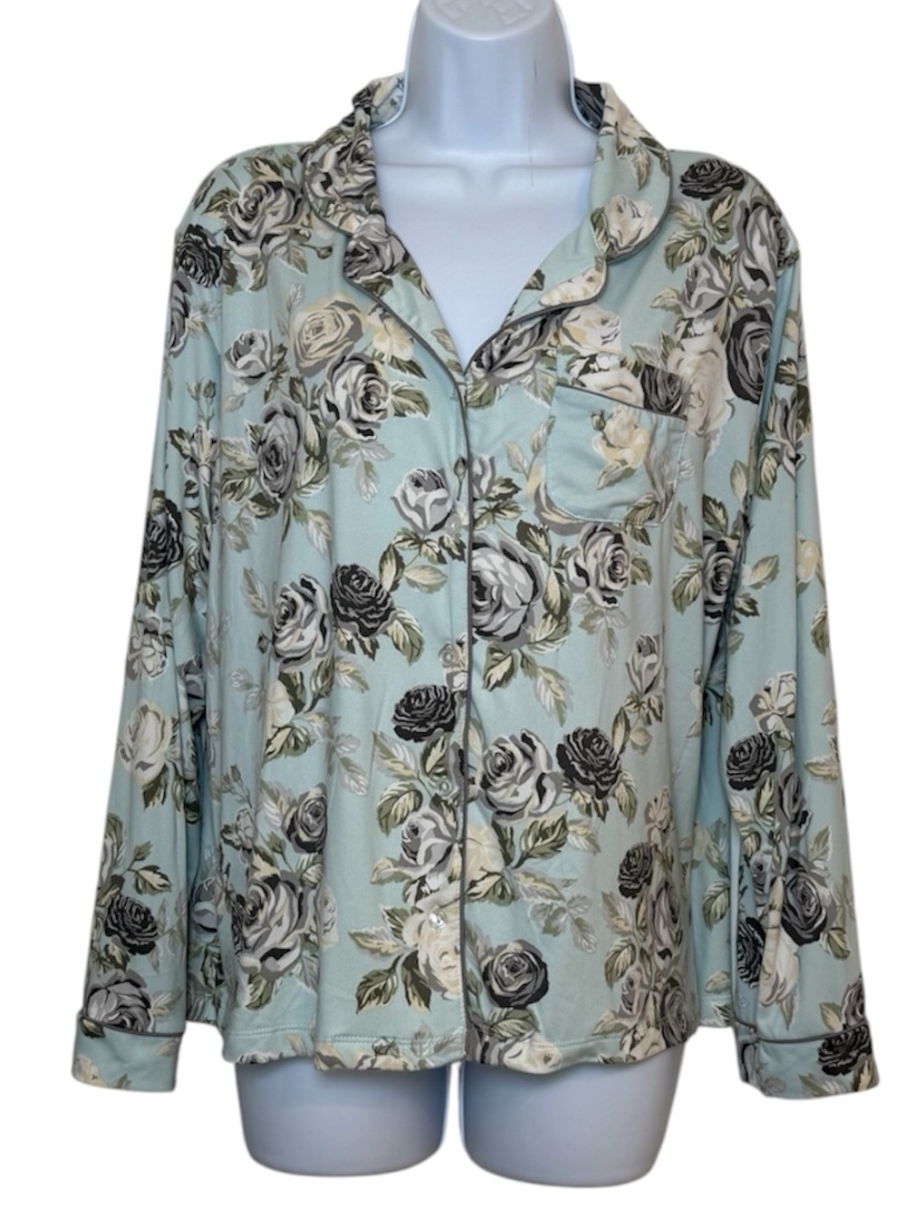 Flora by Flora Nikrooz Mint Green Floral Pajama Top Button Down Sleep Shirt
